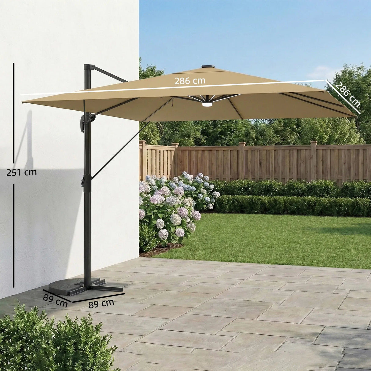 Outsunny 3 x 3 m Garden Cantilever Parasol with Light, Cover, Overhanging Umbrella w/ Wind Protection, 360 Rotation, Khaki