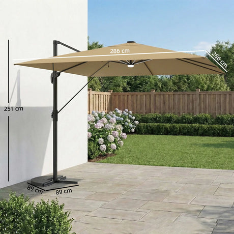 Outsunny 3 x 3 m Garden Cantilever Parasol with Light, Cover, Overhanging Umbrella w/ Wind Protection, 360 Rotation, Khaki