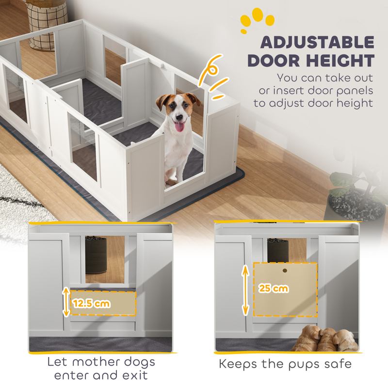 PawHut Two Room Design, Whelping Box for Dogs with Whelping Pad, Clear Panels, Adjustable Entrance, for Small Dogs, 164 x 80cm