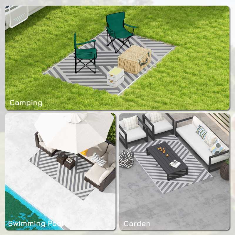 Outsunny Plastic Straw Reversible RV Outdoor Rug with Carry Bag, 182 x 274cm, Grey and Cream