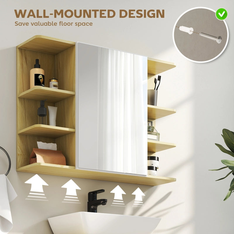 HOMCOM Bathroom Mirror Cabinet with Open Storage Shelves - Natural Wood Finish