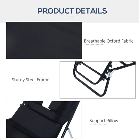 Outsunny Outdoor Folding Sun Lounger with Face Hole, 4 Level Adjustable Backrest Reclining Garden Lounger, Garden Recliner Sunbed with 600 D Oxford Cloth Seat and Pillow for Beach, Black