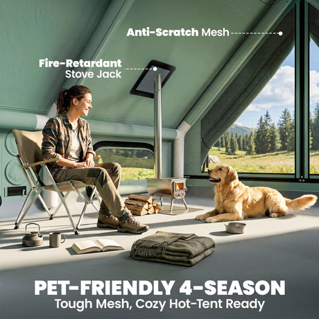 Outsunny Inflatable Camping Tent, 4 Season Hot Tent 10000mm Waterproof with Chimney Opening, Sky Light and Air Pump, Green