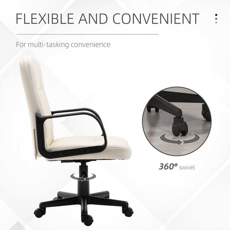 HOMCOM Swivel Executive Office Chair Home Mid Back PU Leather Computer Desk Chair for Adults with Arm, Wheels, Cream