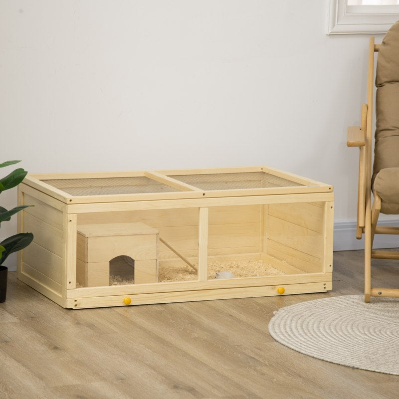 PawHut Wooden Hamster Cage with Sliding Tray, Openable Top, Hut for Syrian Hamsters, Natural Wood