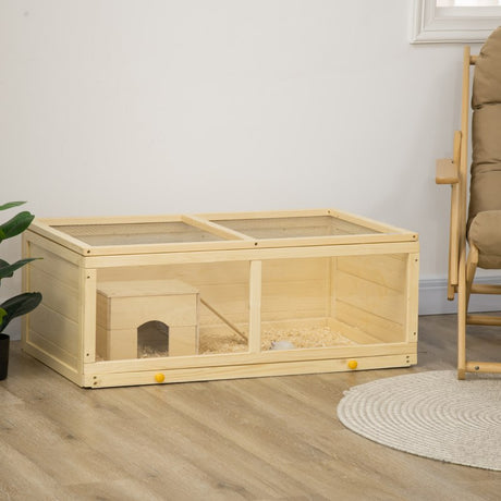 PawHut Wooden Hamster Cage with Sliding Tray, Openable Top, Hut for Syrian Hamsters, Natural Wood