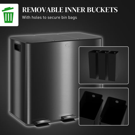 HOMCOM 3 x 15L Pedal Bin, Steel Triple Kitchen Bin with Soft Close Lid, Removable Inner Buckets, Fingerprint-Proof, Black