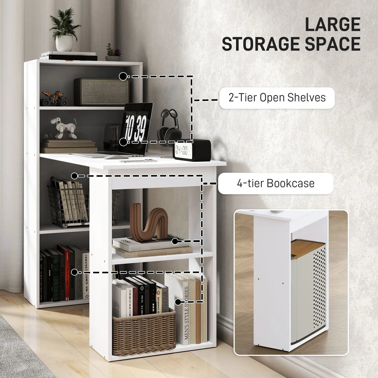 HOMCOM 120cm Computer Desk, Wooden PC Laptop Table with 6-Tier Storage Bookshelves, Home Office Working Study Desk, Writing Workstation, White