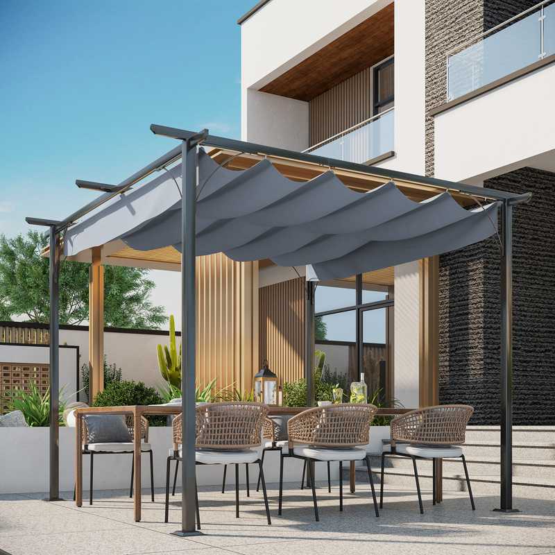 Outsunny 3 x 3(m) Metal Pergola with Retractable Roof, Garden Gazebo Metal Pergola Canopy. Outdoor Sun Shade Shelter for Party BBQ, Grey