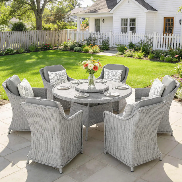 Outsunny Rattan Garden Dining Set with Turntable, Marble Effect Glass Round Garden Table and Chairs with Aluminium Frame, Grey