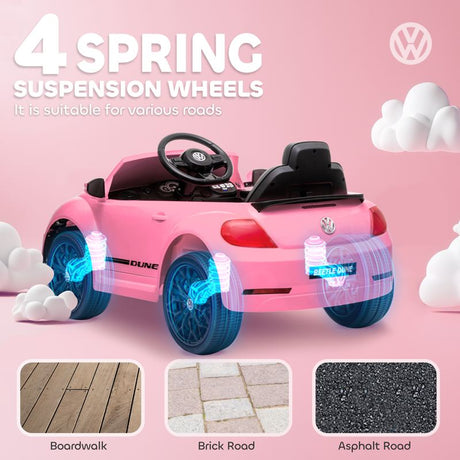 AIYAPLAY Volkswagen Beetle Licensed 12V Ride on Car w/ Remote Control, Suspension Wheels, Soft Start, Lights, Music, Pink