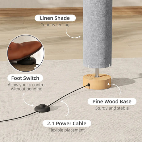 HOMCOM LED Floor Lamp for Living Room, 120cm Modern Standing Lamp with 3000K/4500K/6500K Colour Temperatures, Linen Shade and Wooden Base, Grey