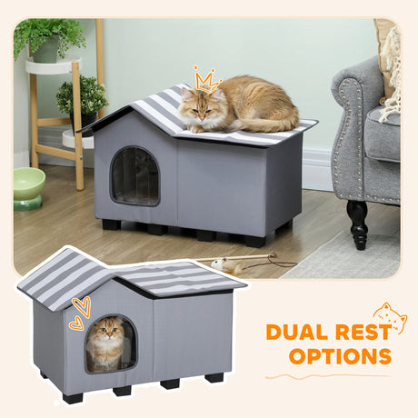 PawHut Outdoor Cat House, Weatherproof Feral Cat Cave with Elevated Base and Cushion for Winter, Grey