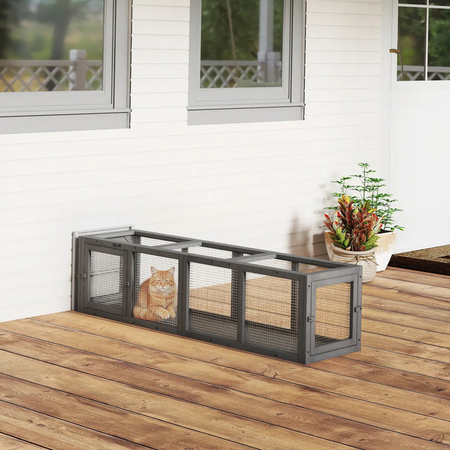PawHut Outdoor Cat Tunnel, Wooden Play Cat Enclosure, Extendable Pet Run with 3 Doors, for Indoor and Outdoor Use, Grey