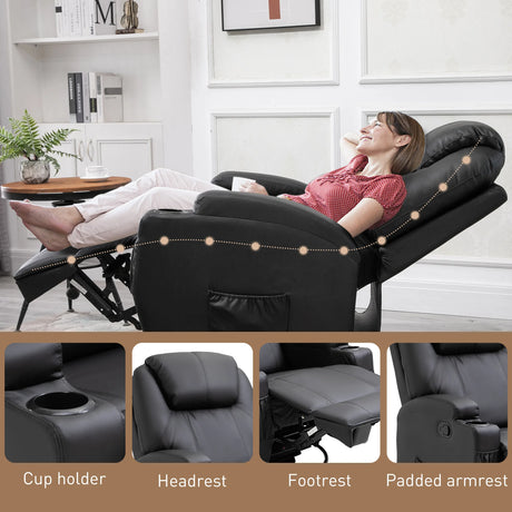 HOMCOM Recliner Chair, Recliner Massage Rocker Chair with 360 Rotate, 165 Reclining Function, Adjustable Footrest, Swivel Armchair Single Sofa for Living Room with Drink Holders, Side Pockets, Black