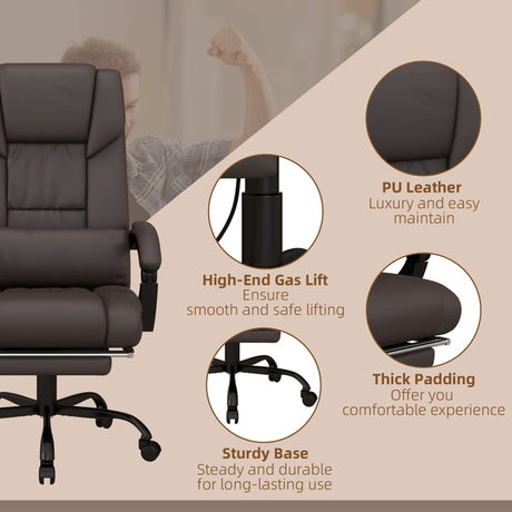 Vinsetto 6-Point Massage Office Chair, PU Leather Desk Chair with Adjustable Height and Footrest for Home Office, Brown