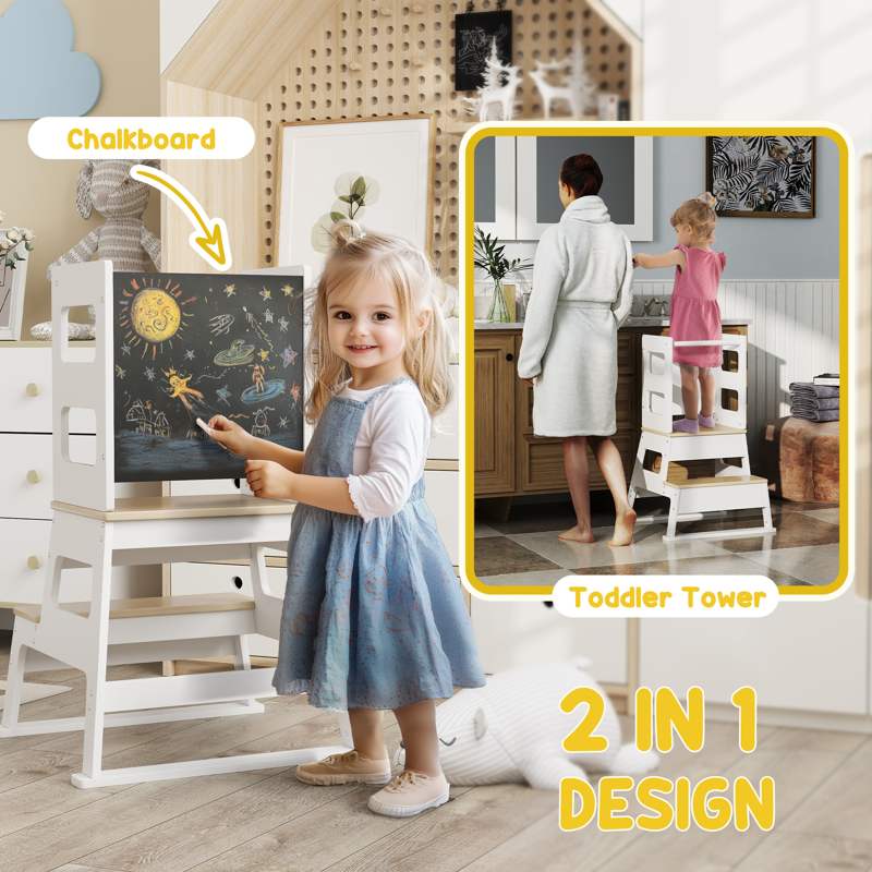 AIYAPLAY 2-in-1 Toddler Tower with Chalkboard, Safety Rail for Kitchen, Counter, Bathroom, Sink, White