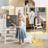 AIYAPLAY 2-in-1 Toddler Tower with Chalkboard, Safety Rail for Kitchen, Counter, Bathroom, Sink, White