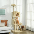 PawHut 180cm Large Cat Tree Tower with Sisal Scratching Posts, Condos, Plush Perches, Hammock, Ladder, Beige