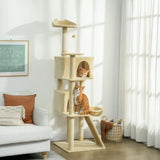 PawHut 180cm Large Cat Tree Tower with Sisal Scratching Posts, Condos, Plush Perches, Hammock, Ladder, Beige