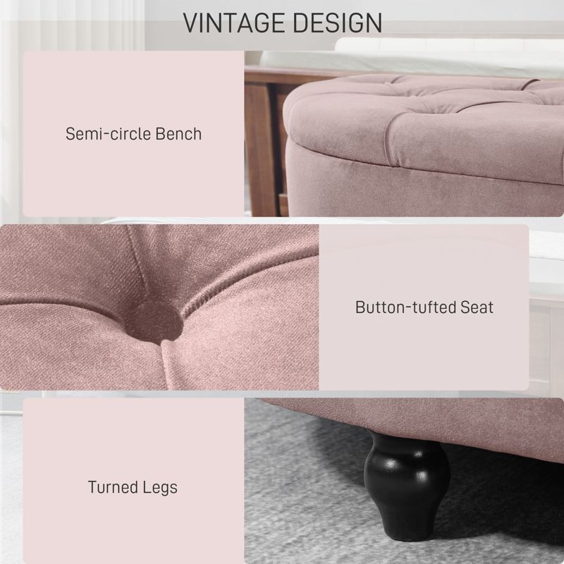 HOMCOM Semi-Circle Bed End Bench Ottoman with Storage Tufted Upholstered Accent Seat Footrest Stool with Rubberwood Legs for Bedroom & Entryway, Pink