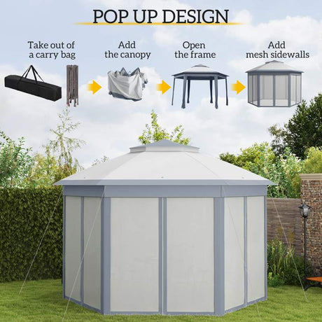 Outsunny 3 x 4m Metal Frame Hexagon Gazebo, with Curtains - Grey