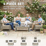 Outsunny 4 Piece Rattan Garden Furniture Set with 3-Seater Sofa, Armchairs, Table, Aluminium Frame Patio Conversation Set, Khaki