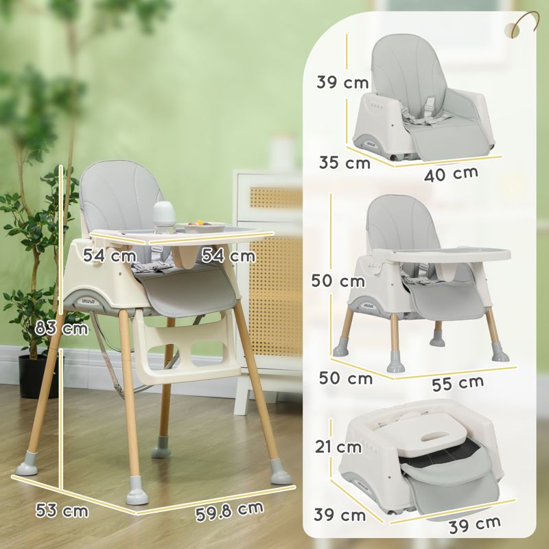 AIYAPLAY 3 in 1 Foldable High Chair for Babies and Toddlers with Safety Harness, Washable Removable Seat Cushion & Tray, Grey