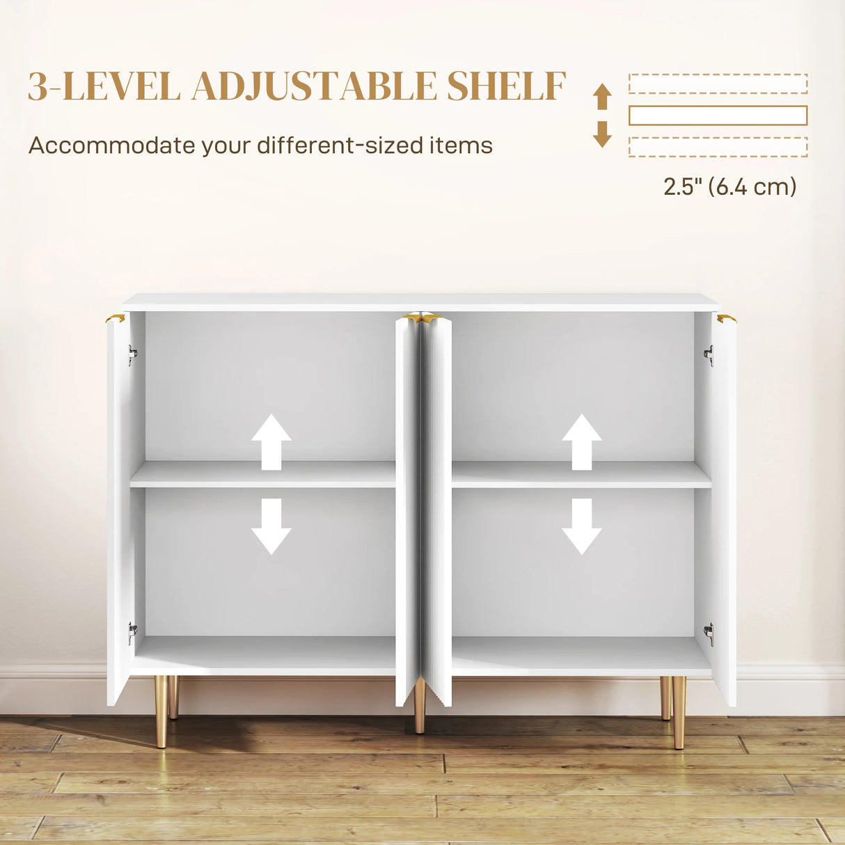 HOMCOM Sideboard Buffet Cabinet, Modern Kitchen Storage Cabinet with 4 Doors and Adjustable Shelves, Living Room Cabinet with Metal Legs for Hallway, White