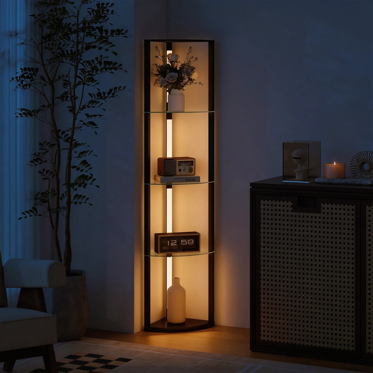 HOMCOM LED Floor Lamp with Shelves, Dimmable Standing Lamp with Foot Switch for Living Room, Bedroom, Black