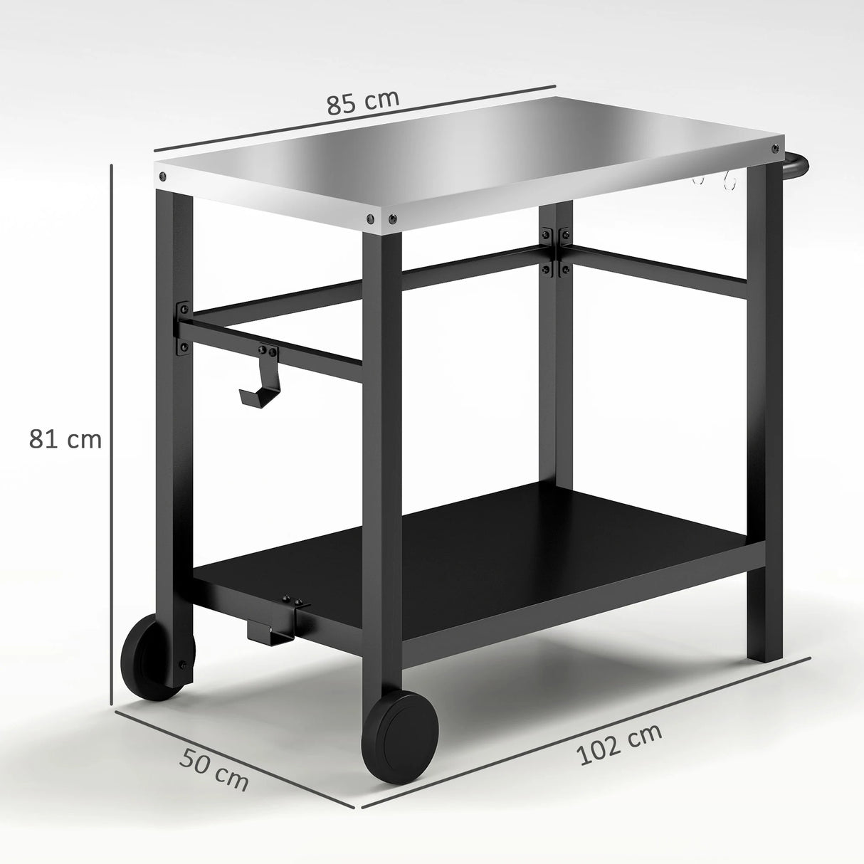 Outsunny Outdoor Grill Dining Cart 2-Shelf Movable Pizza Oven Table Stand with Stainless Steel Top, Portable BBQ Trolley Food Prep Outdoor Kitchen Barbecue Station with Hooks Wheels, Charcoal Grey