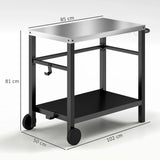 Outsunny Outdoor Grill Dining Cart 2-Shelf Movable Pizza Oven Table Stand with Stainless Steel Top, Portable BBQ Trolley Food Prep Outdoor Kitchen Barbecue Station with Hooks Wheels, Charcoal Grey