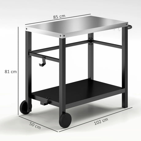 Outsunny Outdoor Grill Dining Cart 2-Shelf Movable Pizza Oven Table Stand with Stainless Steel Top, Portable BBQ Trolley Food Prep Outdoor Kitchen Barbecue Station with Hooks Wheels, Charcoal Grey