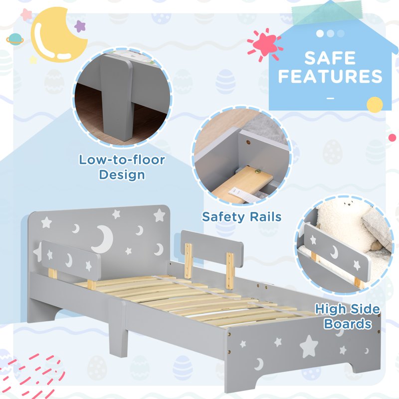 ZONEKIZ Kids Toddler Bed, with Star and Moon Patterns, Side Rails, for Ages 3-6 Years - Grey