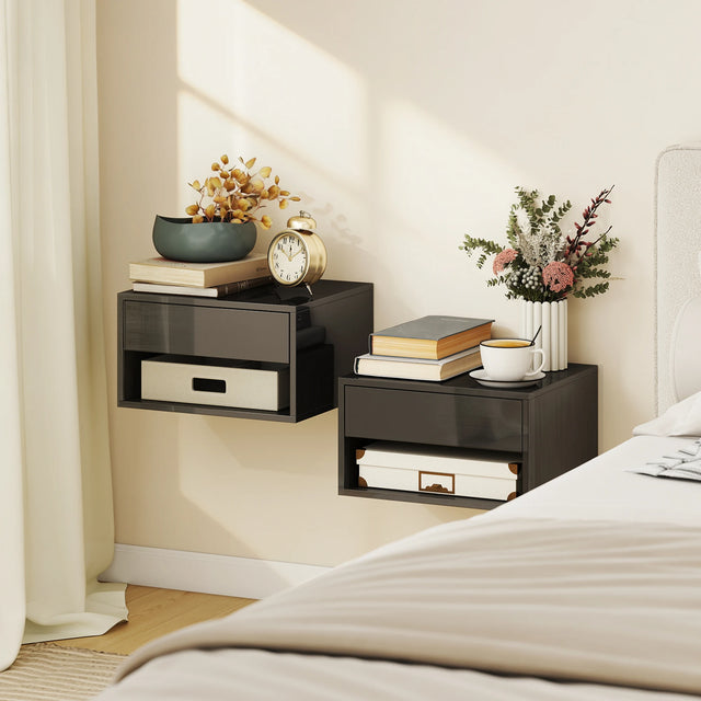 HOMCOM Floating Bedside Tables Set of 2, Wall Mounted Nightstand, High Gloss Black