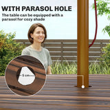 Outsunny Wooden Garden Dining Set, 6 Seater Round Dining Picnic Table with Matching Bench, Garden Furniture Set with Parasol Hole for Outdoor Patio Party and Family Gatherings, Carbonized