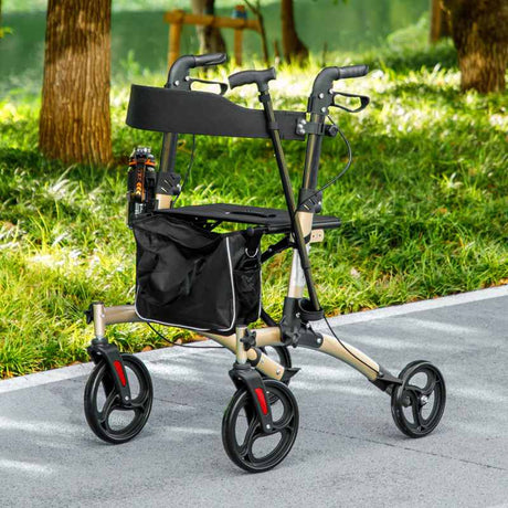 HOMCOM Folding Rollator with Cane Holder, Adjustable Handle Height and Aluminum Frame, 4 Wheeled Mobility Walker with Seat and Bag, Gold