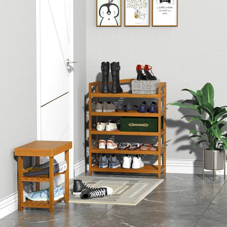 HOMCOM 5-Tier Shoe Rack, Acacia Wooden Shoe Storage Organiser with Hangers, Holds up to 24 Pairs, for Entryway, Living Room, 64 x 26 x 82 cm, Teak