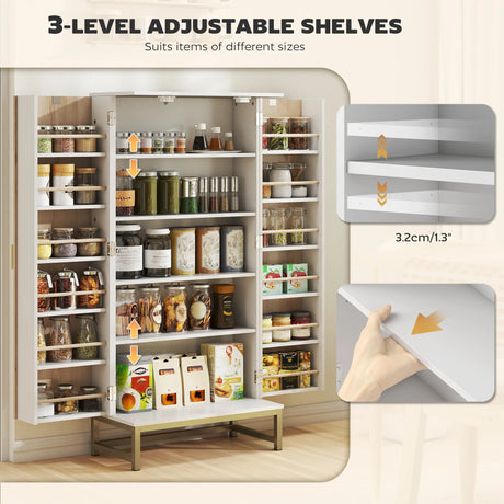 HOMCOM 119.5 cm Kitchen Cupboard, Freestanding Kitchen Cabinet with Double Doors, 5 Tiers, 12 Spice Racks, White