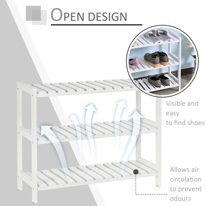 HOMCOM 3-Tier Shoe Rack Wood Frame Slatted Shelves Spacious Open Hygienic Storage Home Hallway Furniture Family Guests 70L x 26W x 57.5H cm - White