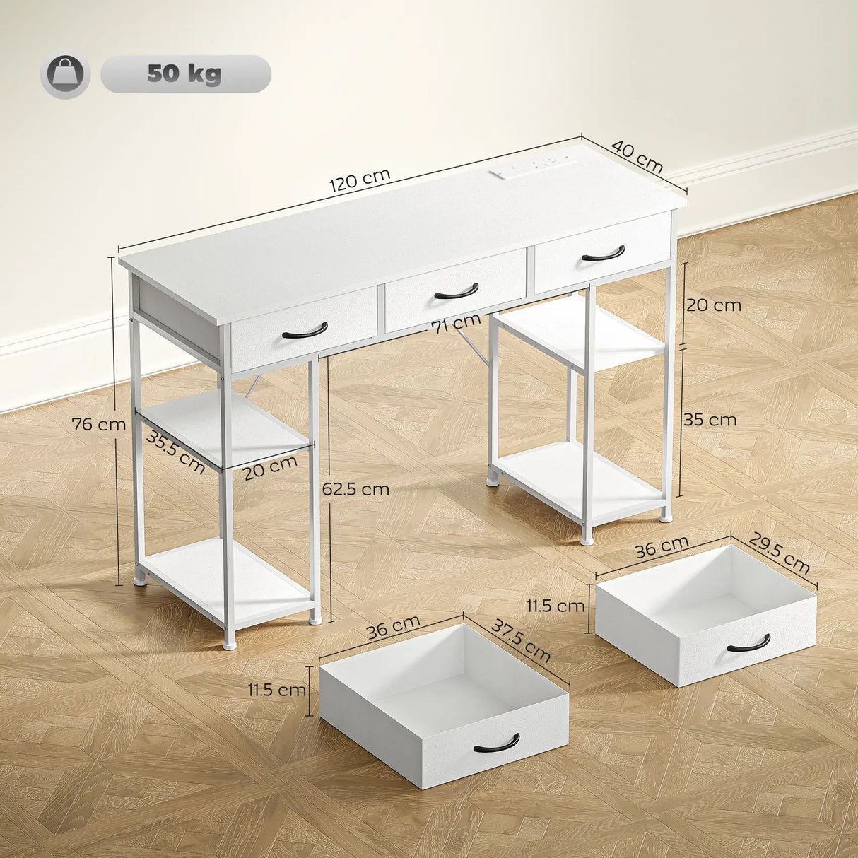 HOMCOM 120cm Computer Desk with Power Outlets, Office Desk Study Table with 3 Fabric Drawers and 4 Storage Shelves, White