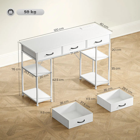 HOMCOM 120cm Computer Desk with Power Outlets, Office Desk Study Table with 3 Fabric Drawers and 4 Storage Shelves, White