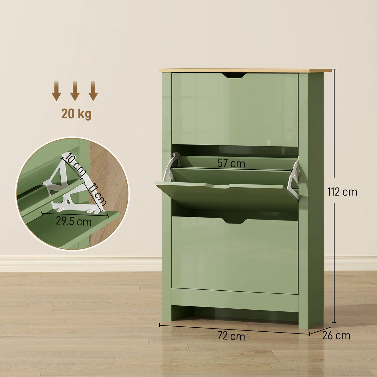 HOMCOM Slim Shoe Cabinet, Narrow Shoe Cupboard with 3 Flip Drawers, Adjustable Shelves for 18 Pairs of Shoes, High Gloss Green