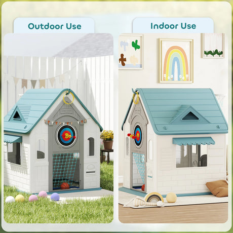 AIYAPLAY 5-in-1 Playhouse for Kids Outdoor Indoor with Basketball Hoop, Football Goal, Dartboard, Ring Toss for 2-5 Years, Beige