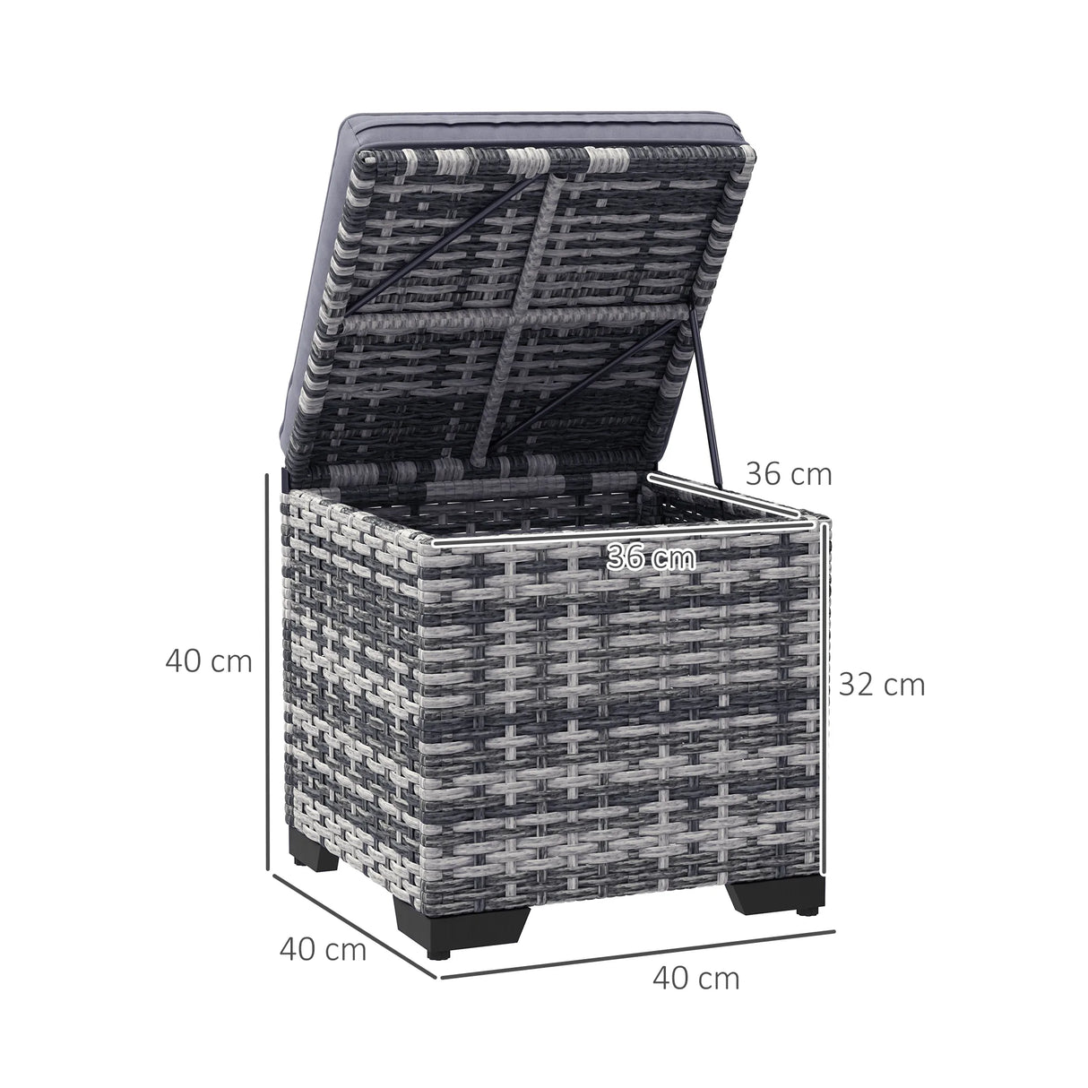 Outsunny Set of 2 Rattan Storage Ottoman, Outdoor Footstool with Removable Cushions, Garden Storage Seat for Balcony, Porch, Living Room, Dark Grey