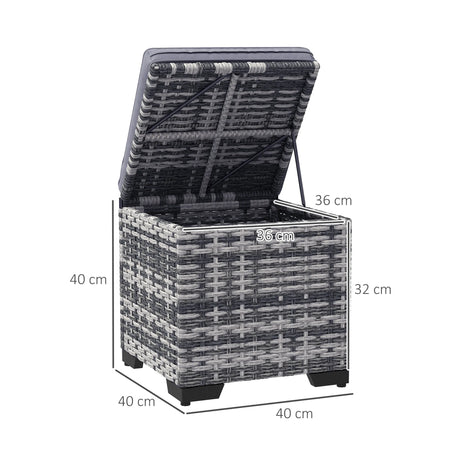 Outsunny Set of 2 Rattan Storage Ottoman, Outdoor Footstool with Removable Cushions, Garden Storage Seat for Balcony, Porch, Living Room, Dark Grey