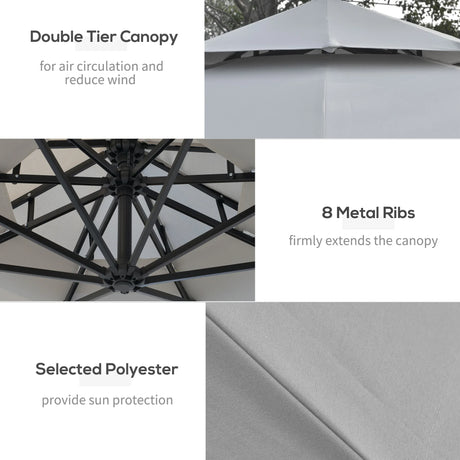 Outsunny 3(m) Cantilever Banana Parasol Hanging Umbrella with Double Roof, LED Solar lights, Crank, 8 Sturdy Ribs and Cross Base for Outdoor, Garden, Patio, Light Grey