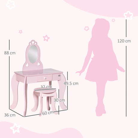 HOMCOM Kids Vanity Table & Stool Girls Dressing Set Make Up Desk Chair Dresser Play Set with Mirror Pink