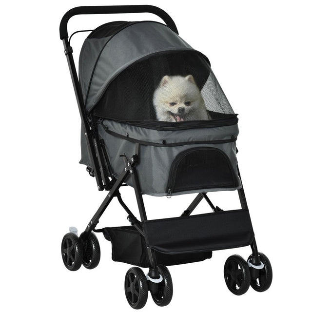 PawHut Pet Stroller Pushchair Foldable Travel Dog Cat Carriage w/ Reversible Handle Brake Basket