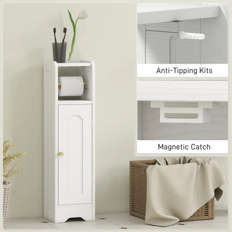 HOMCOM Small Bathroom Storage Cabinet with Toilet Roll Holder - White